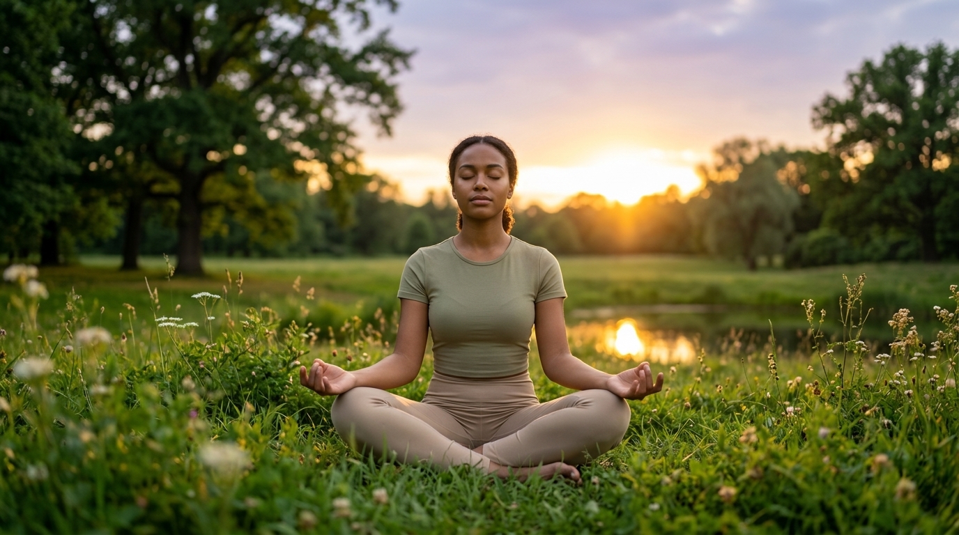 benefits of meditation — woman meditating outdoors in sunrise park — by Rosas Medical Center