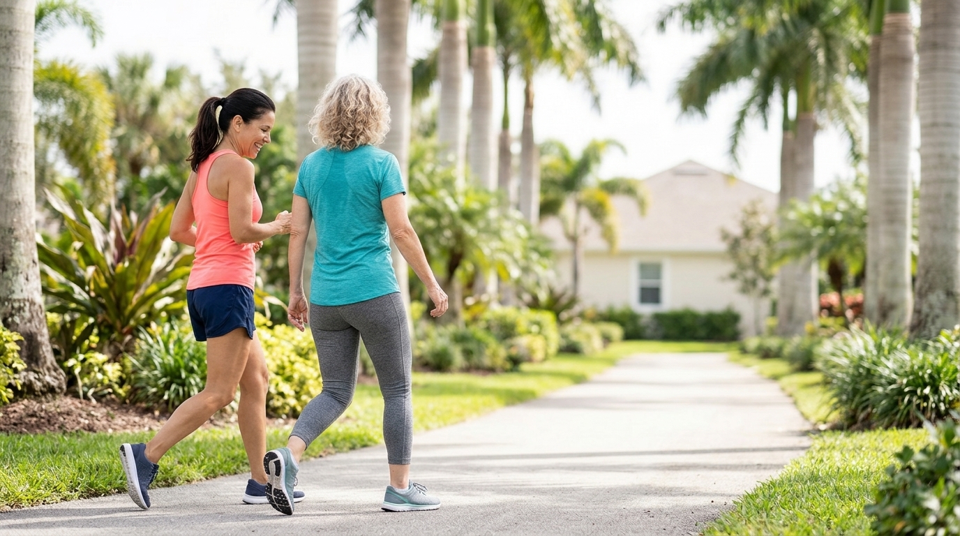 Can Exercise Reduce Your Risk of Breast Cancer? — two women walking briskly on a sunny park path in sunrise, florida — by Ros