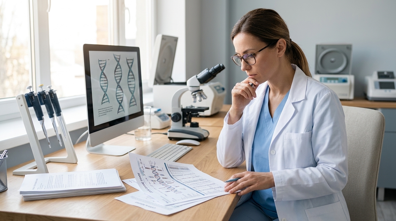 Causes of Alzheimer’s Disease — woman reviewing gene chart — by Rosas Medical Center