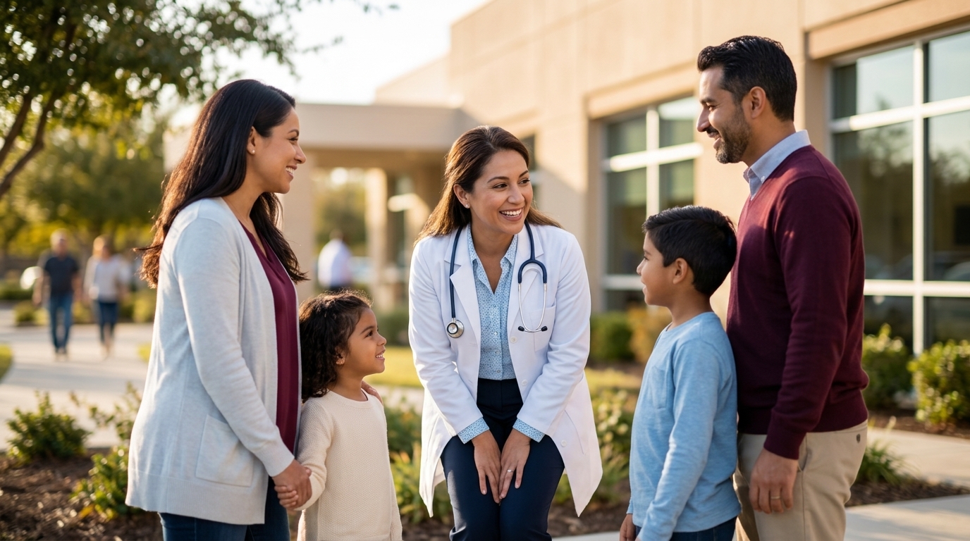 local healthcare benefits — family with medical professional — by Rosas Medical Center