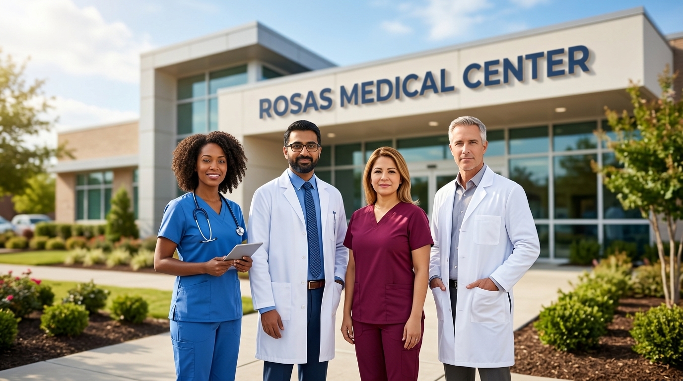 Rosas Medical Center Expands Its Healthcare Network Across Florida — diverse healthcare team in front of rosas medical center