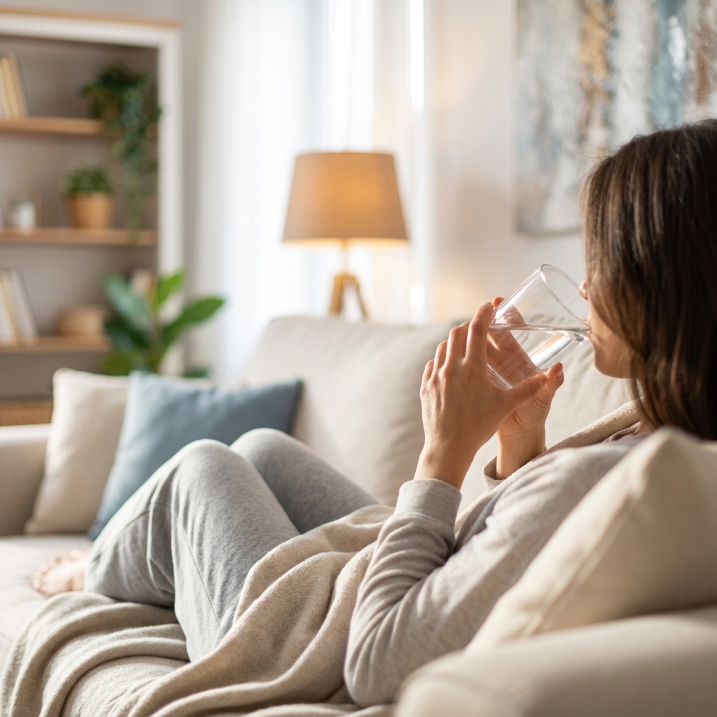 stomach bug — person drinking water at home — by Rosas Medical Center