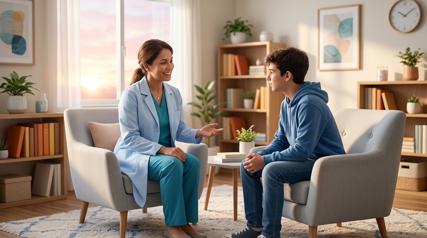 Top 5 Mental Health Disorders in Adolescents Top 5 Mental Health Disorders in Adolescents — doctor with adolescent patient in welcoming office — by Rosas Medical Center