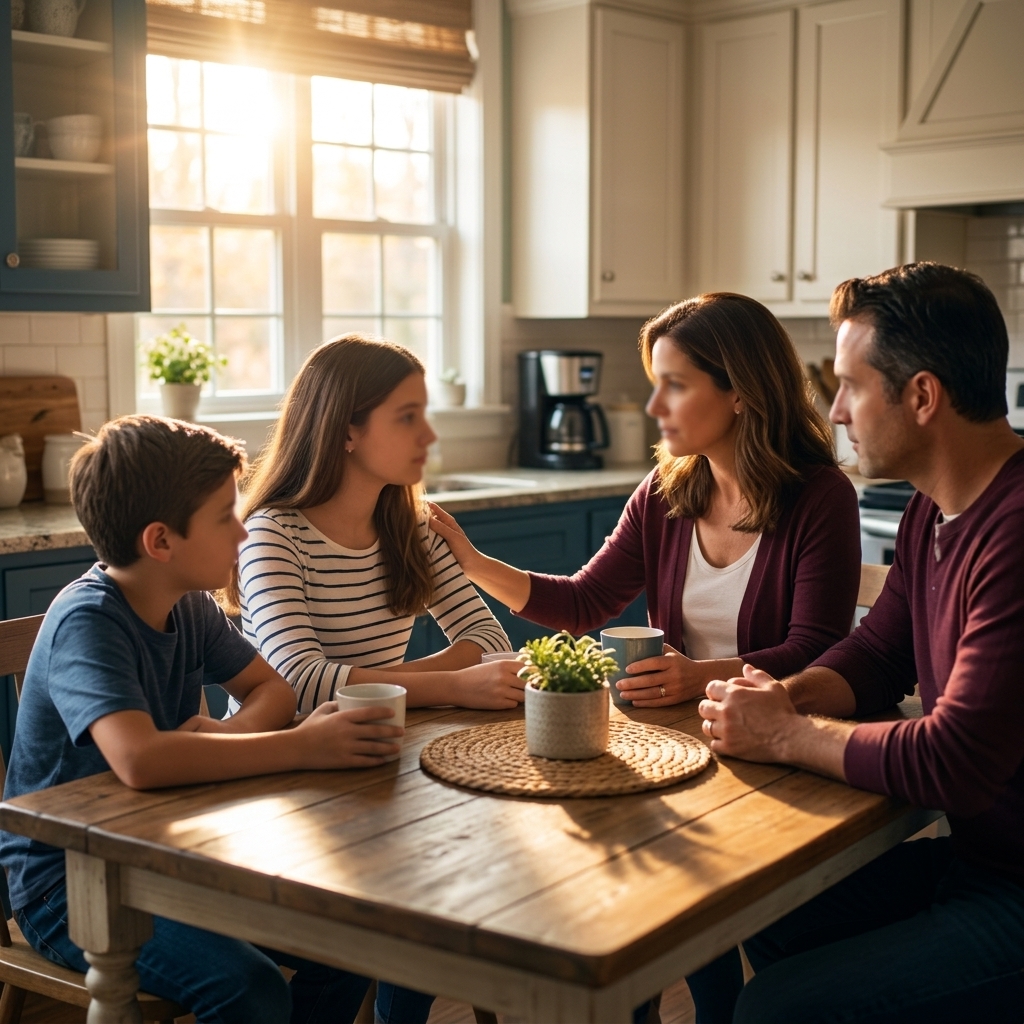 Top 5 Mental Health Disorders in Adolescents — family supportive conversation at kitchen table — by Rosas Medical Center